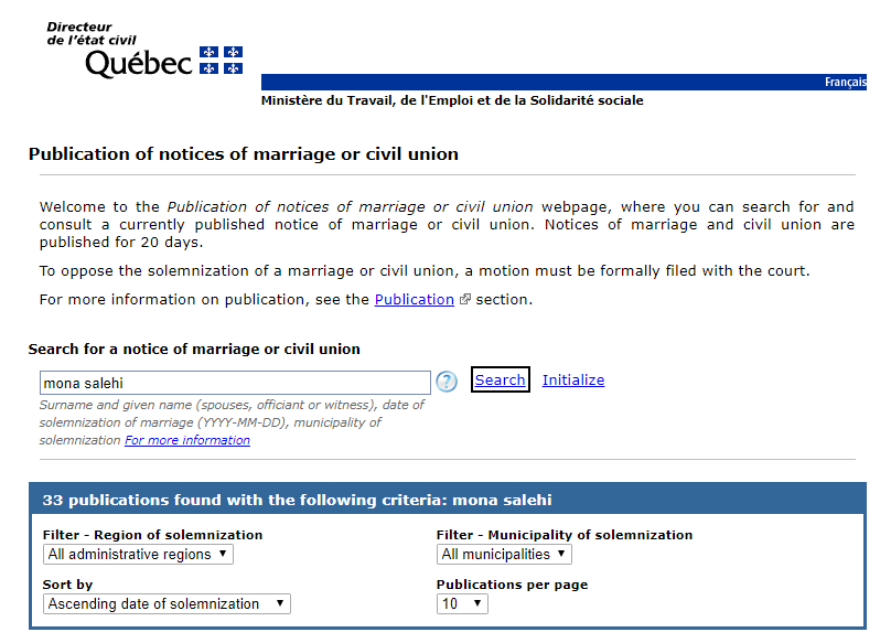 Website of the Québec Registrar of Civil 